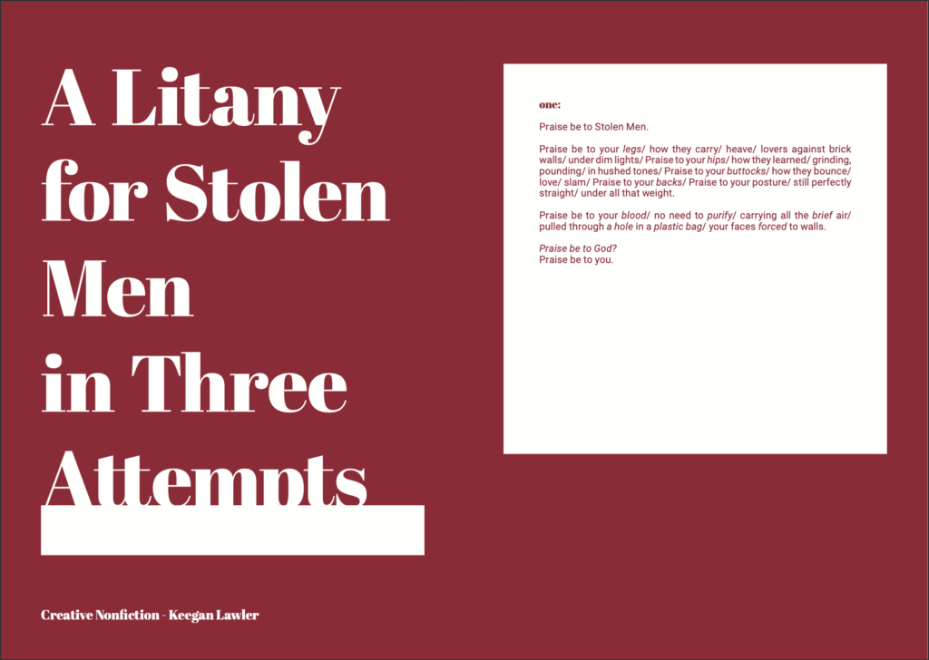 Image of creative nonfiction in journal: A Litany for Stolen Men in Three Attempts - Keegan Lawler