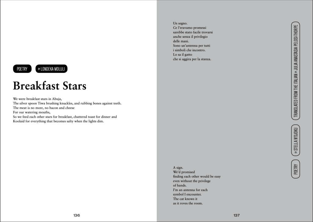 Image of poem in journal: A Sign - Stella N'Djoku translated by Pelosi-Thorpe