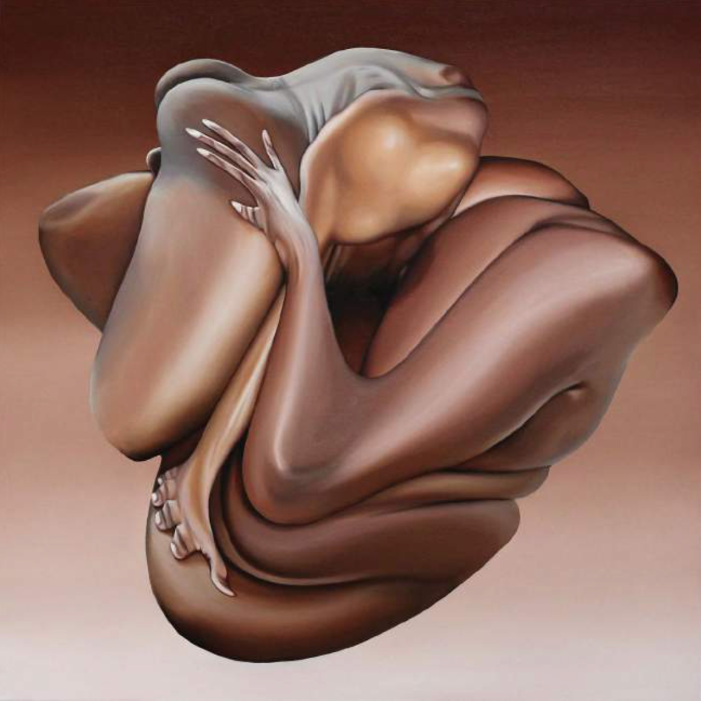 Painting of bodies folded into themselves and into each other as if those bodies are pieces of clay - Molten Caress by Megan Archer