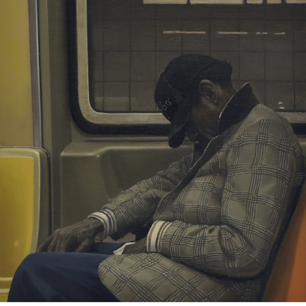 A painting of a man sleeping on a subway train - Late Night Train - Yongjae Kim - Published in SAND 23