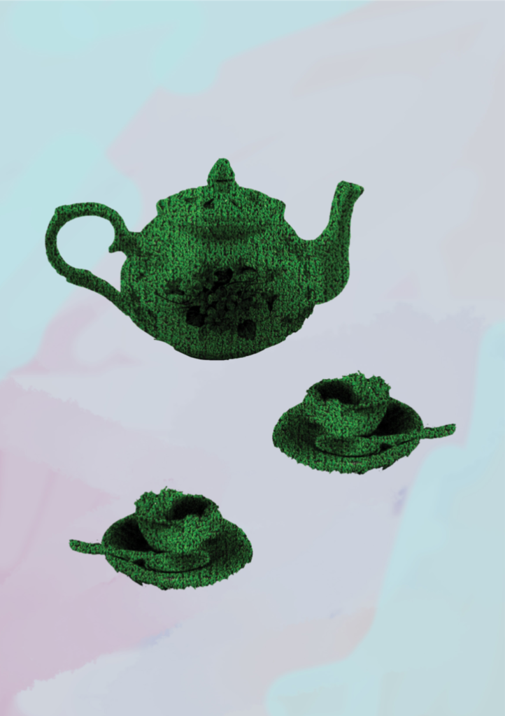 Image of teapot and teacups made of plastic grass, floating. Artwork by Larissa Fantini entitled " Le Déjeuner en AstroturfTM II - 2021"