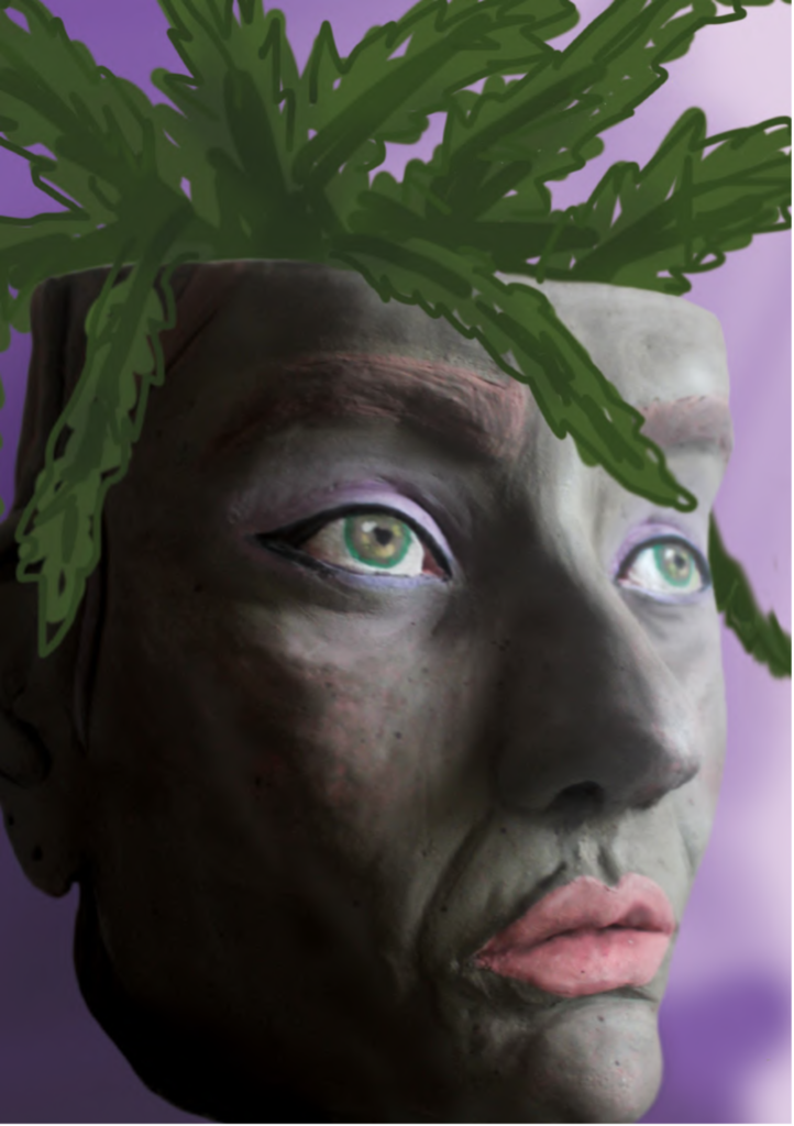 A green plant sprouts from a clay mask of a woman's headArtwork by Larissa Fantini entitled "Cabeça - 2021"