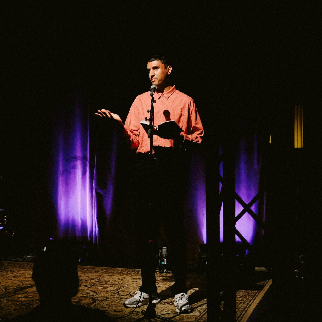 Gurmeet Singh reads from his short story "The Fun Car" at the SAND 23 launch in Berlin on 5 November 2022