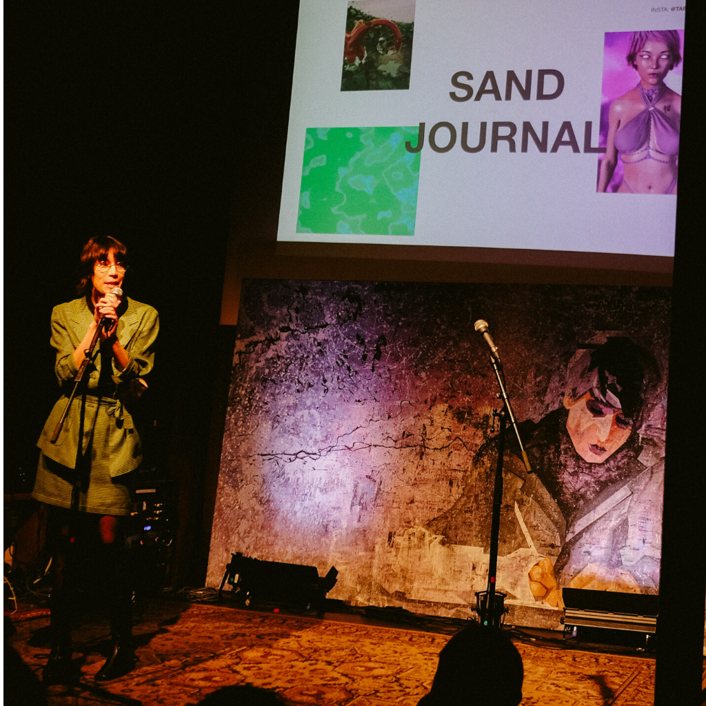 Tabitha Swanson presents her art from SAND 23 at the launch in Berlin on 5 November 2022