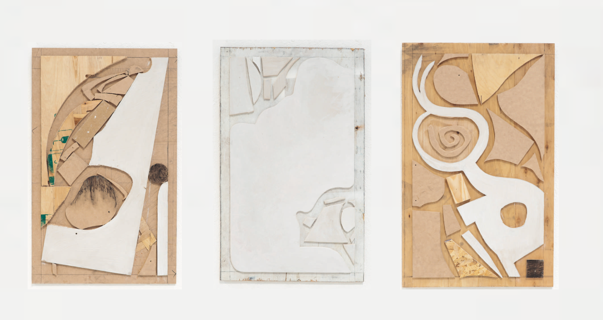 Three abstract woodcuttings from artist Elise Carlton in which scrap pieces of wood create shapes that could be feathers or ears or humans or bicycles